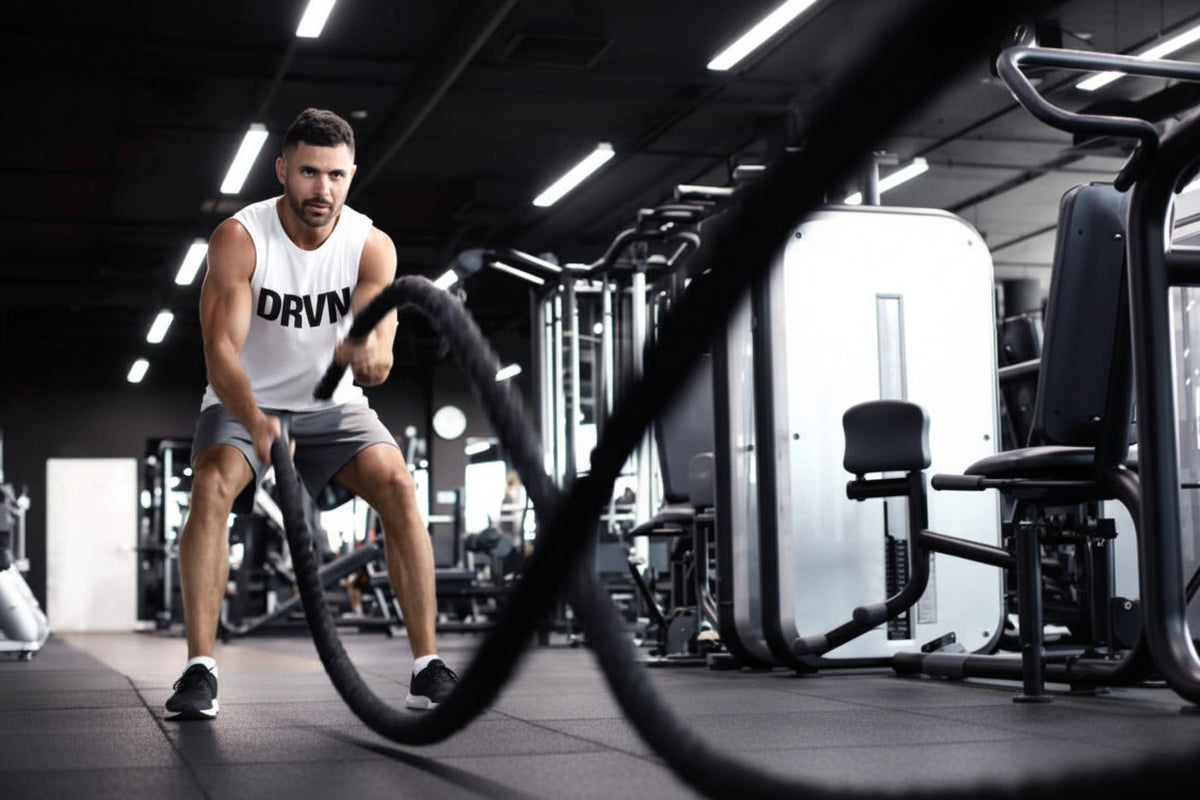 A man in a white tank top and gray shorts exercises with battle ropes in a modern gym setting.